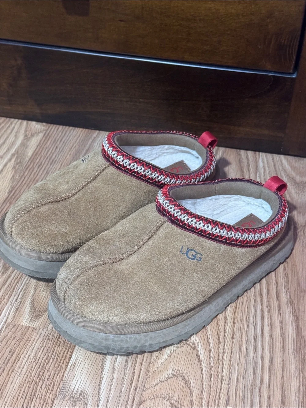 UGG Kids Chestnut Suede Slip-On Clogs with Red Trim